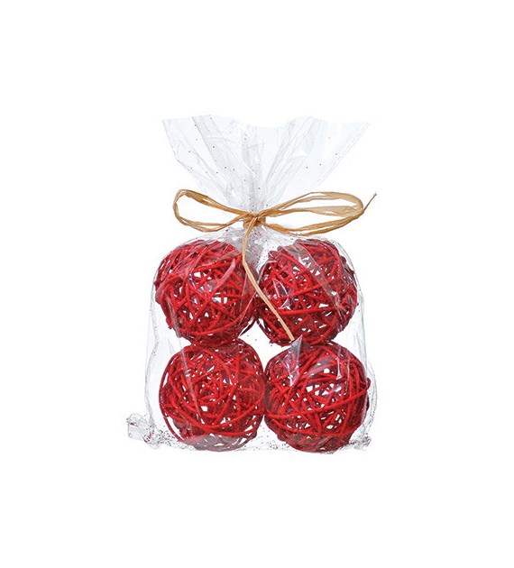 Kule ratanowe dekorowane brokatm 7x7x7\4szt czerwone