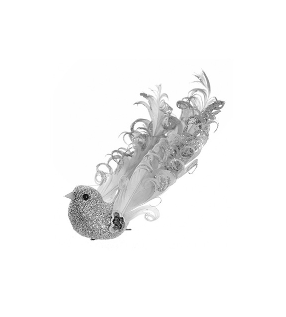 Dekoracja z materiału ptaszek dekorowany, na klipsie, 13cm, srebrny