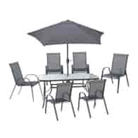 Zestaw FIESTA - 6 krzeseł, stół ze szklanym blatem,parasol śr 270cm