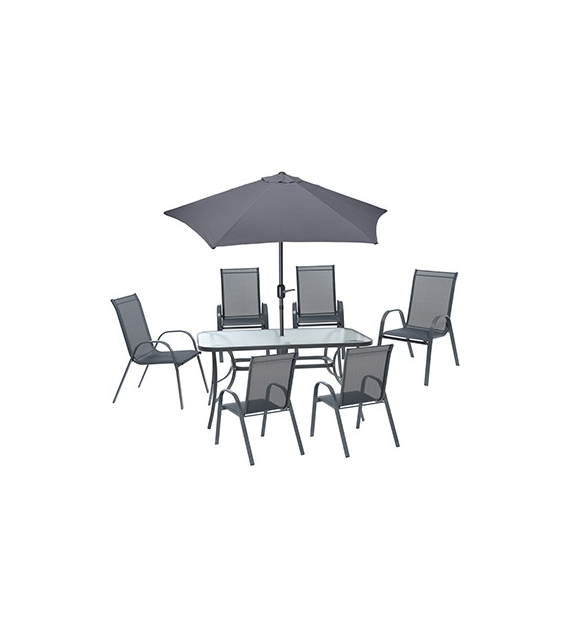 Zestaw FIESTA - 6 krzeseł, stół ze szklanym blatem,parasol śr 270cm