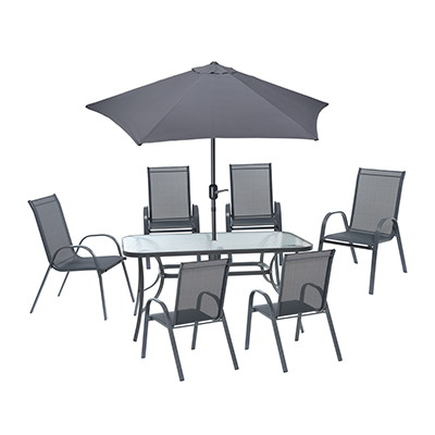 Zestaw FIESTA - 6 krzeseł, stół ze szklanym blatem,parasol śr 270cm