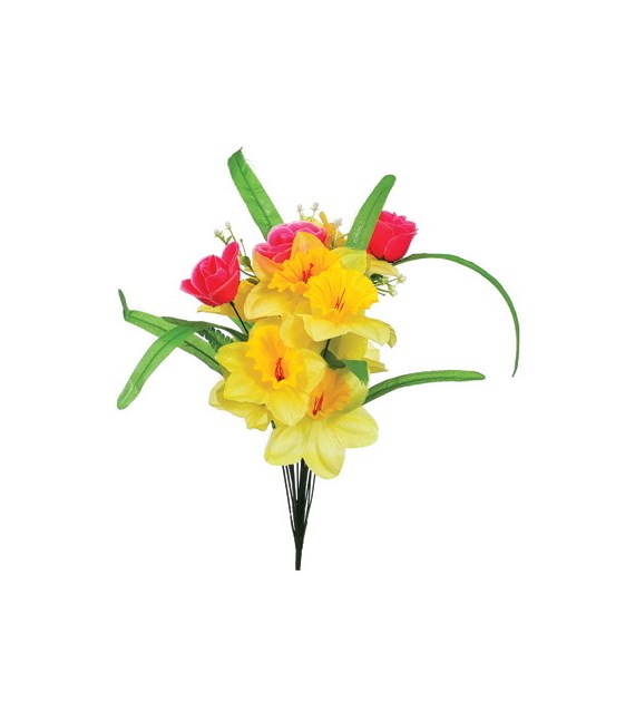 Bukiet mieszany wiosenny 18 kwiatów- 12 żonkili + 3 róże + 3 gipsówki, 49cm, żołto-różowy