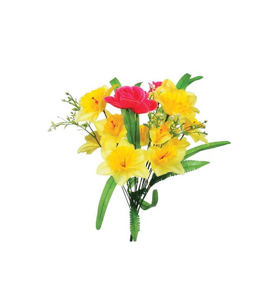 Bukiet mieszany wiosenny 18 kwiatów- 12 żonkili + 3 kwiaty + 3 drobne gałązki kwiatów, 49cm, żółto-różowy