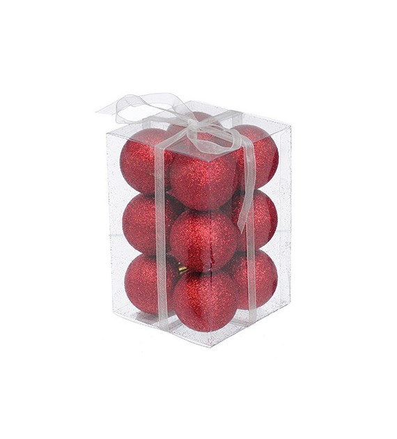 Bombki plastikowe brokat 4cm/12szt, czerwony