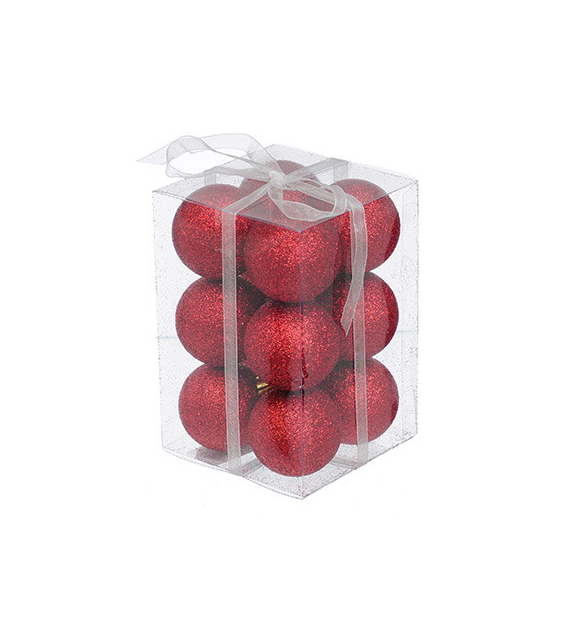 Bombki plastikowe brokat 4cm/12szt, czerwony