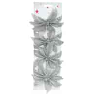 Kwiatki brokatowe z dzwonkami, 12cm, 4szt, srebrny
