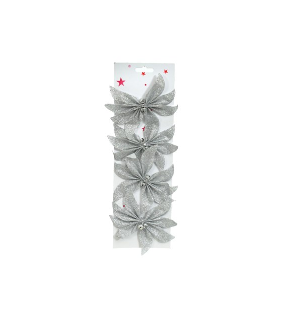 Kwiatki brokatowe z dzwonkami, 12cm, 4szt, srebrny