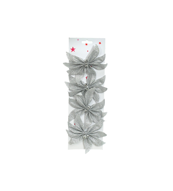 Kwiatki brokatowe z dzwonkami, 12cm, 4szt, srebrny