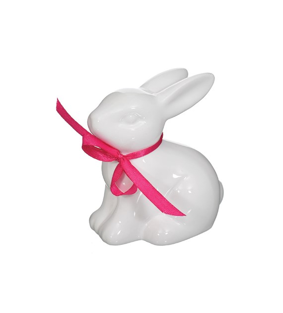 Ceramiczny zając z kokardką (róż, szary), 9cm, do postawienia