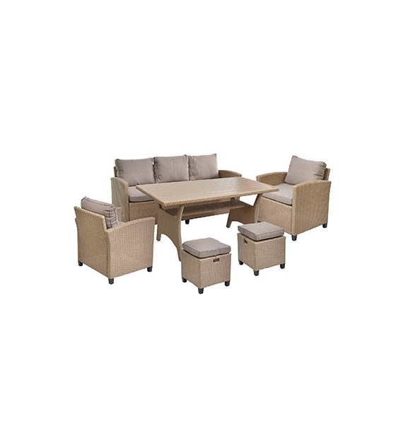 Zestaw wypoczynkowy- 2 fotele, sofa, stół i 2 pufy