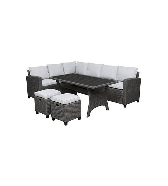 Zestaw obiadowy-narożnik plus stół plus 2 pufy, wiker dwuczęsciowy półokrągły antracytowy Sofa 1 175x65x73cm, sofa 2 - 165x65x73cm, stół 144x74x66cm/h, puf 42x42x45cm