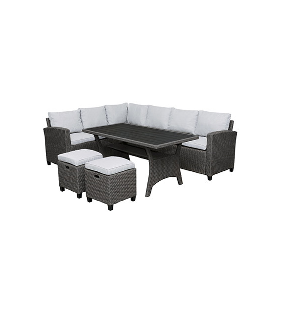 Zestaw obiadowy-narożnik plus stół plus 2 pufy, wiker dwuczęsciowy półokrągły antracytowy Sofa 1 175x65x73cm, sofa 2 - 165x65x73cm, stół 144x74x66cm/h, puf 42x42x45cm