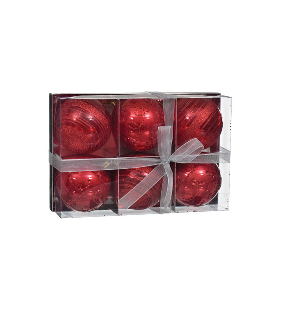 Bombki plastikowe 8cm 6 szt, mix 3 wzorów czerw.