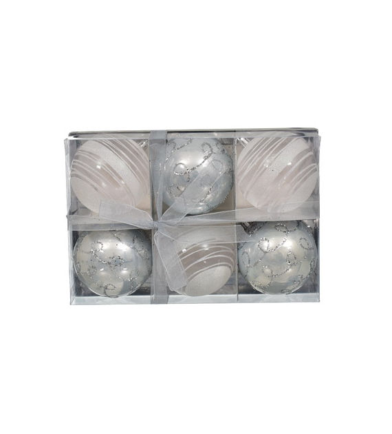 Bombki plastikowe 8cm 6 szt  mix 3 wzorów sreb.-zimn. biał
