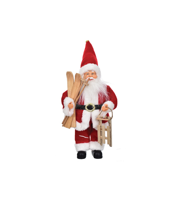 Mikołaj z materiału z sankami i nartami, 30cm, czerwony