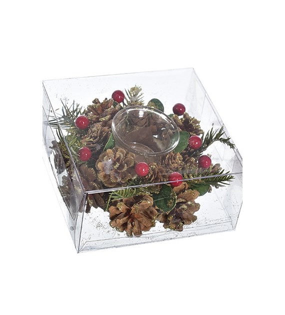 Wianek na tealight - szyszki ze złotymi bombeczkami, 15 cm