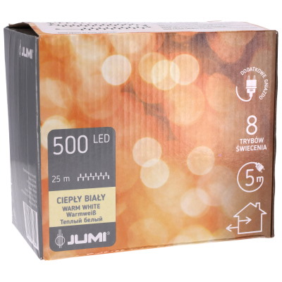 Lampki 500 LED, 8 Funkcji, Ciepły Biały, Dodatkowe Gniazdo, Sieciowe