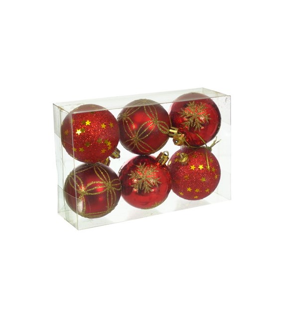Bombki plastikowe, 60/6szt, czerwony, złoty, do powieszenia