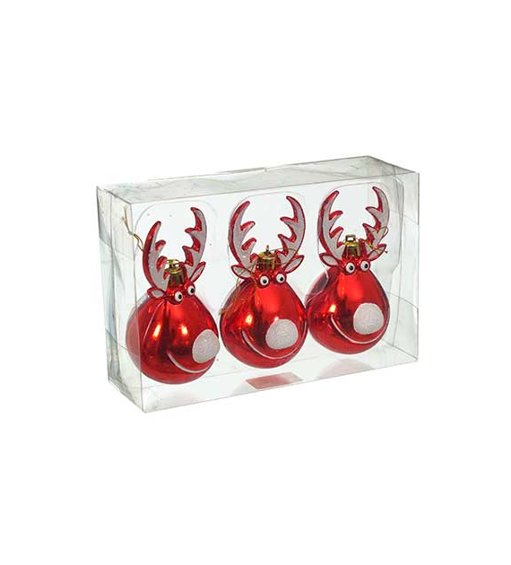 Bombki plastikowe renifery, 11 cm/3 szt, czerwony