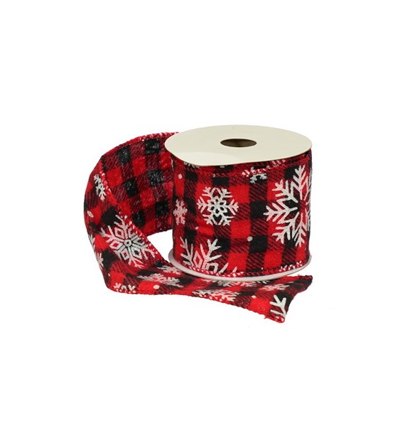 Wstążka jutowa 6,3 cmx 270 cm, czarny, czerwony krata ze śnieżynkami