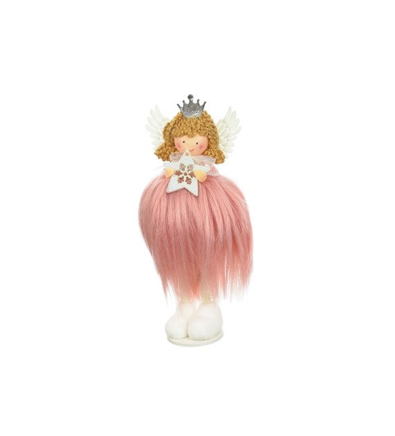 Aniołek z futerkiem trzymający gwiazdkę, 17 cm, różowy, do postawienia