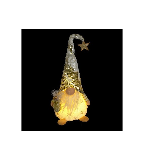 Skrzat z cekinowa czapką, podświetlany LED, 48 cm, biały, złoty