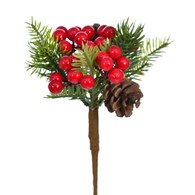 Gałązka na piku z szyszkami i kuleczkami, 20 cm, czerwony, zielony