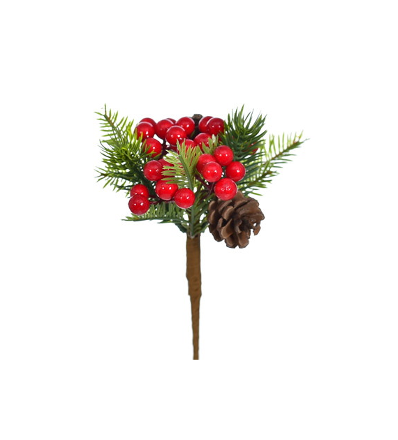 Gałązka na piku z szyszkami i kuleczkami, 20 cm, czerwony, zielony