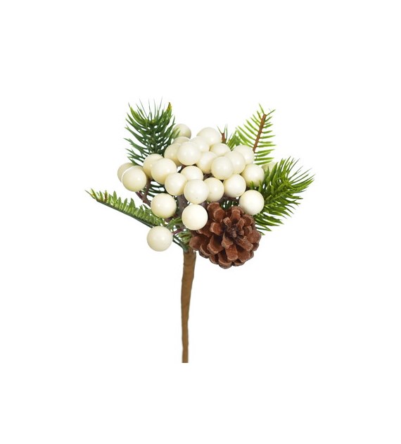 Gałązka na piku z szyszkami i kuleczkami, 20 cm, zielony, biały, brąz