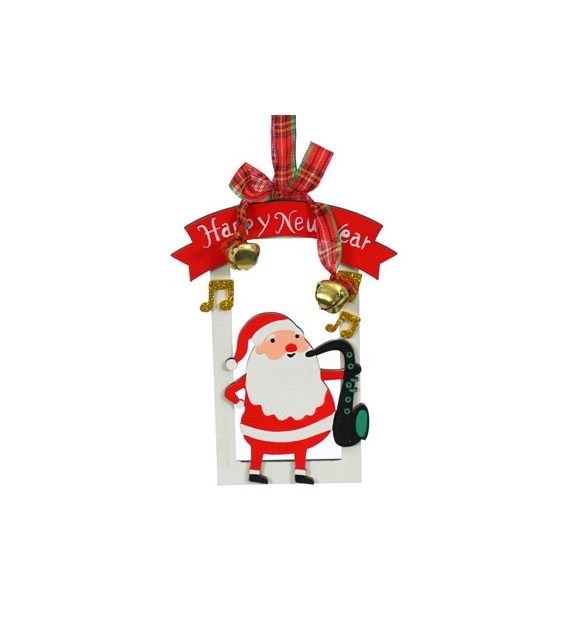 Dekoracja z drewna - mikołaj z saksofonem, 13 cm, czerw-biały, do pow.