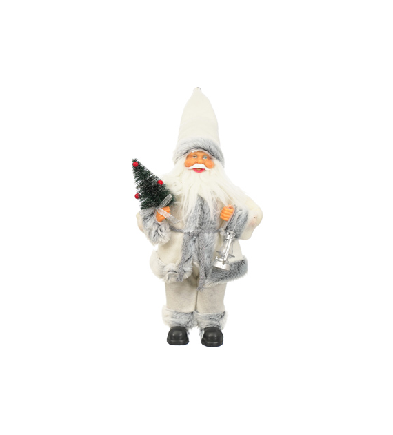 Mikołaj z materiału z choinką i latarenką, 30 cm, biały