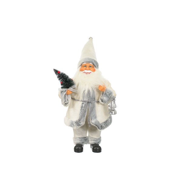 Mikołaj z materiału z choinką i latarenką, 40 cm, biały