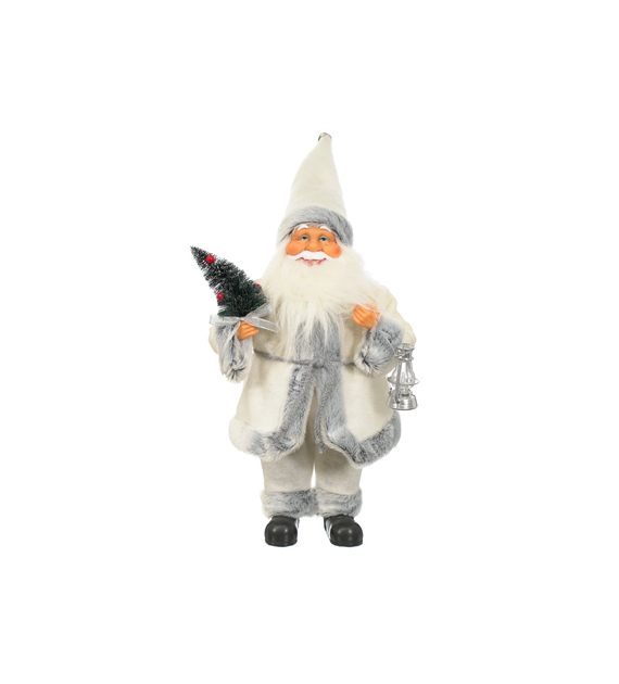 Mikołaj z materiału z choinką i latarenką, 40 cm, biały