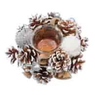 Wianek na tealight, szyszki z bombkami, 15 cm, naturalny, biały, złoty