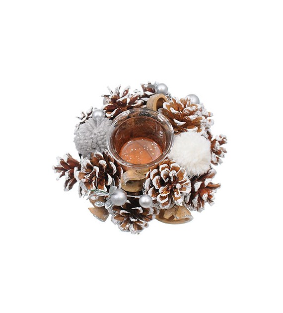 Wianek na tealight, szyszki z bombkami, 15 cm, naturalny, biały, złoty