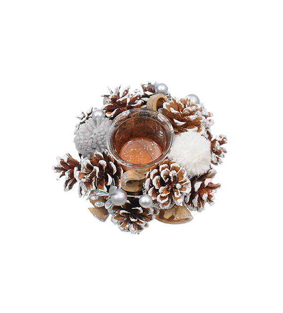 Wianek na tealight, szyszki z bombkami, 15 cm, naturalny, biały, złoty