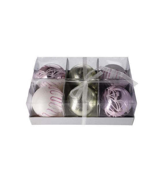 Bombki plastikowe 8cm 6 szt, mix 3 wzorów, liliowy