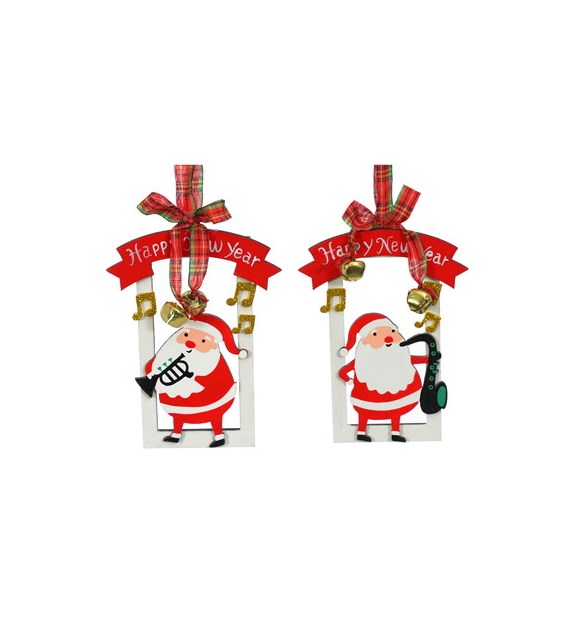 Dekoracja z drewna - mikołaj z saksofonem/trąbką 13 cm, czerw-biały, do pow.