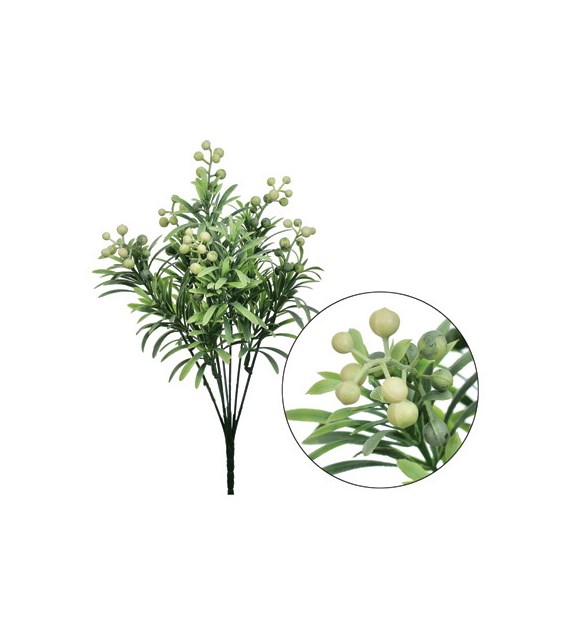Gałązka sztucznych liści z kuleczkami na piku, , wys. 34cm ziel-biały