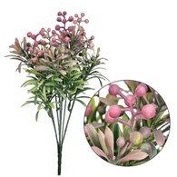 Gałązka sztucznych liści z kuleczkami na piku, 34cm, ziel-róż