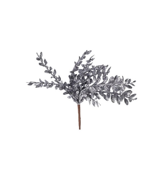 Gałązka listków brokatowa na piku, 22cm, srebrny