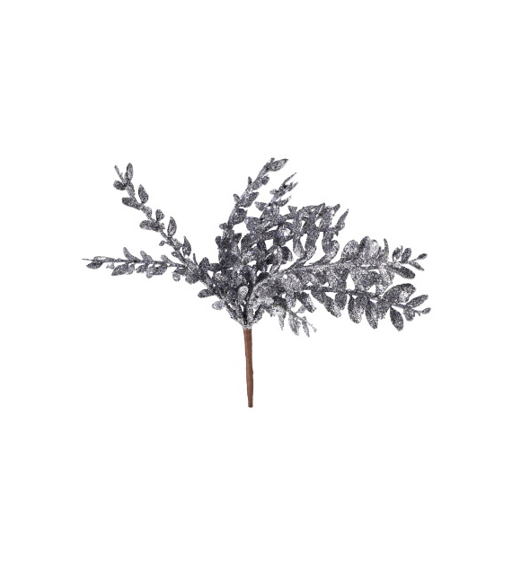 Gałązka listków brokatowa na piku, 22cm, srebrny