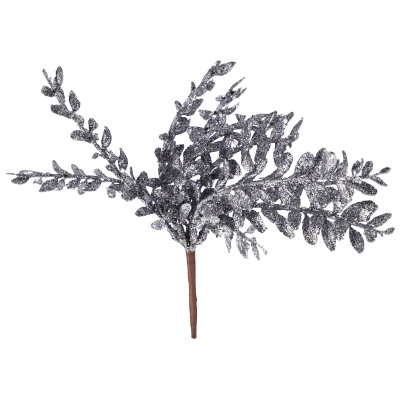 Gałązka listków brokatowa na piku, 22cm, srebrny