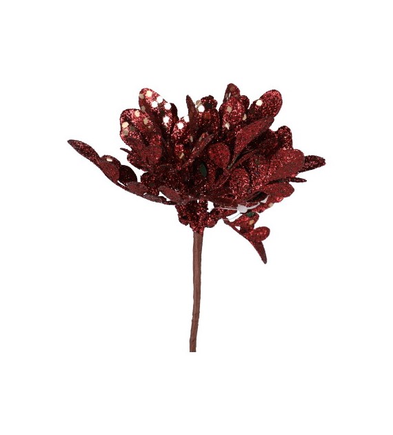 Gałązka listków brokatowa na piku, 16cm, czerwony
