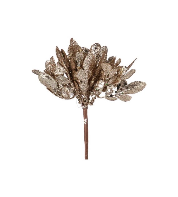 Gałązka listków brokatowa na piku, 16cm, szampański