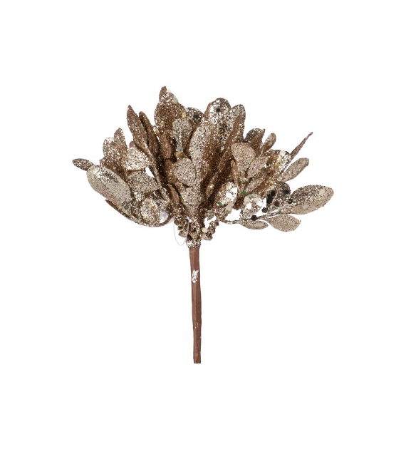 Gałązka listków brokatowa na piku, 16cm, szampański