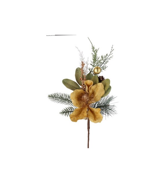 Gałązka dekoracyjna iglasta z kwiatem, 40cm, złoty