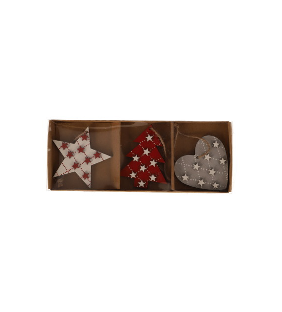 Dekoracje z drewna gwiazda, choinka, serce, 7cm, 3szt, do powieszenia
