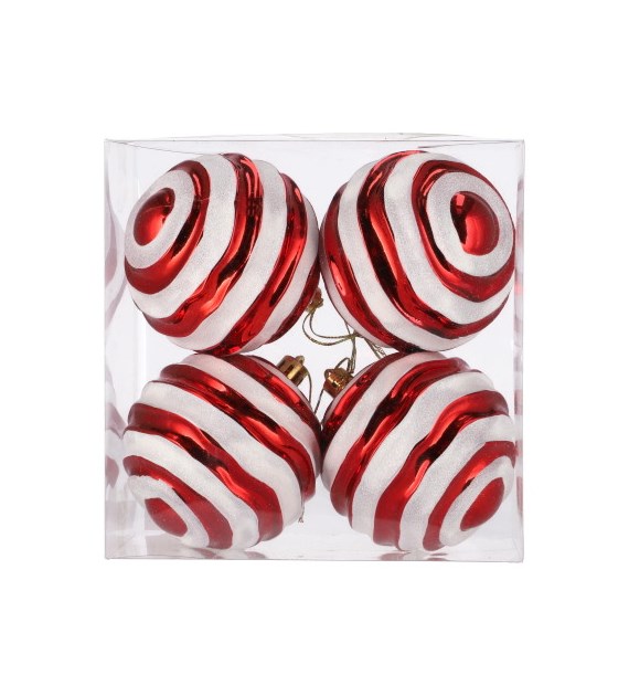 Bombki plastikowe CANDY, 8cm/4szt, czerwony, biały
