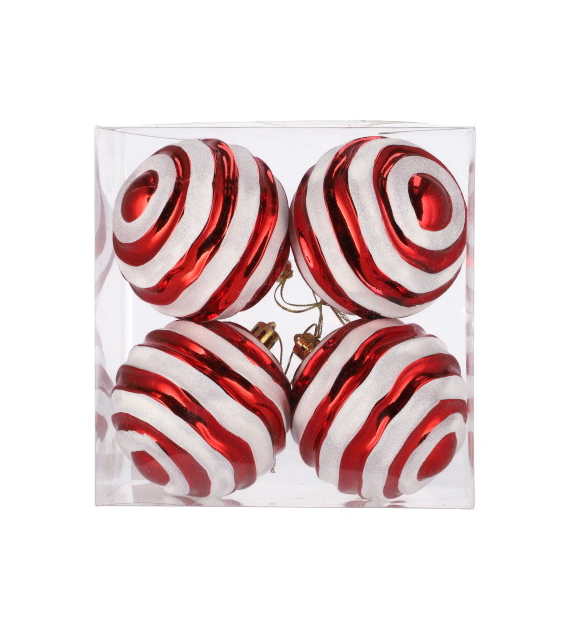 Bombki plastikowe CANDY, 8cm/4szt, czerwony, biały